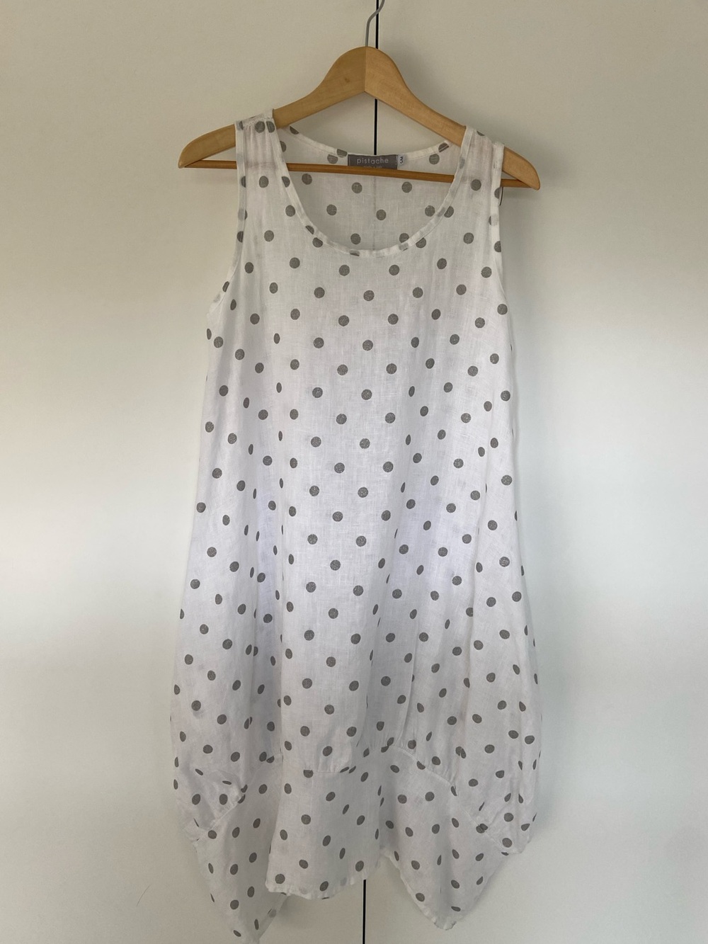 PISTACHE 100% Linen Sleeveless Midi Dress White Silver Polka Dot S/M Italy EUC